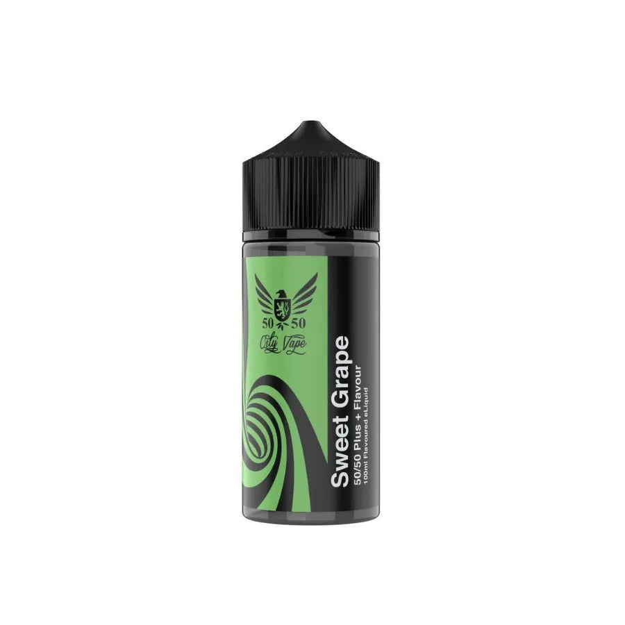 Bottle of Sweet Grape vape juice with a green label on a white background