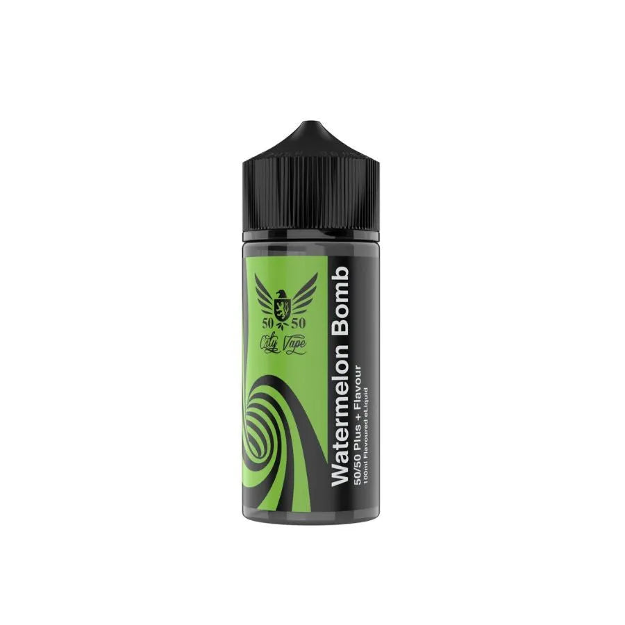 Vape juice bottle labeled 'Watermelon Bomb' on a white background