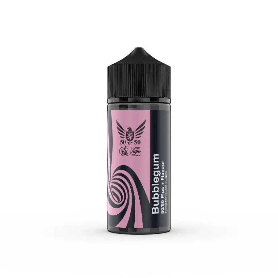 bubblegum Vape juice bottle with pink label and black cap on a white background