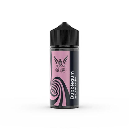 bubblegum Vape juice bottle with pink label and black cap on a white background