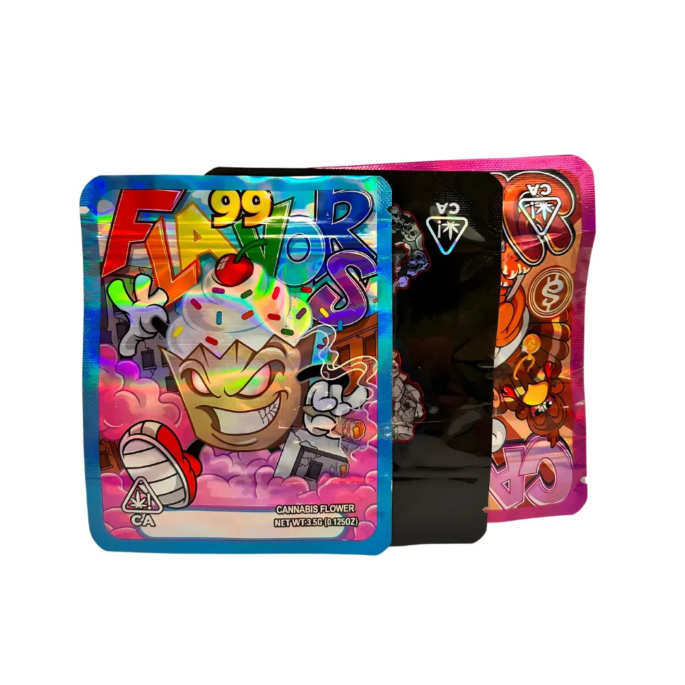 Herb packs 100pcs mylar resealable bags 3.5g with colourful Cali-style cartoon designs