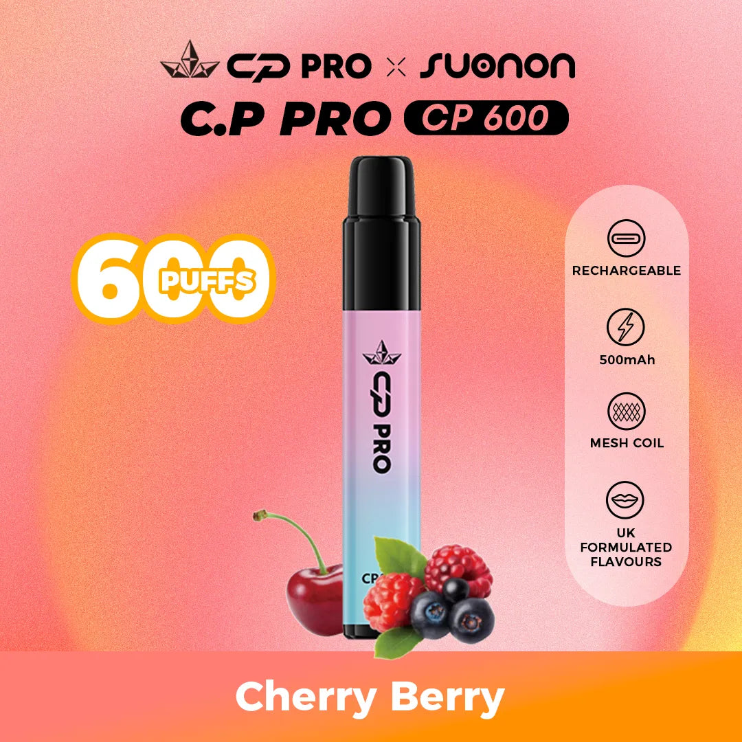 Suonon x CP Pro CP600 vape device with cherry berry flavour on a colourful gradient background