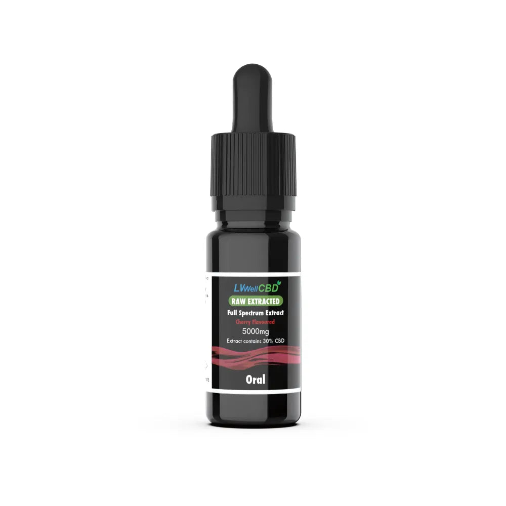 CBD oil dropper bottle with label on a white background