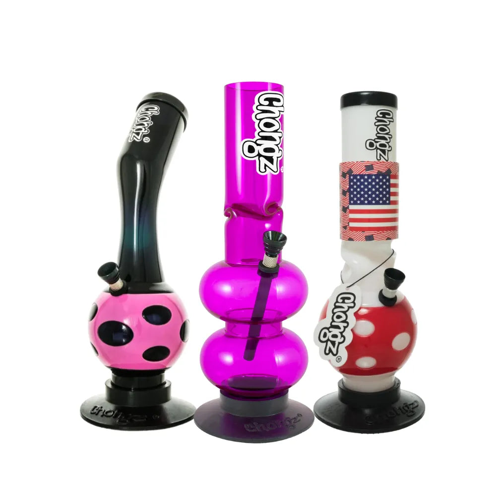 Three colourful bongs with 'Chongz' branding on a white background