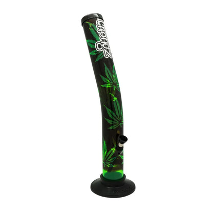 Black smoking device with green leaf patterns on a white background