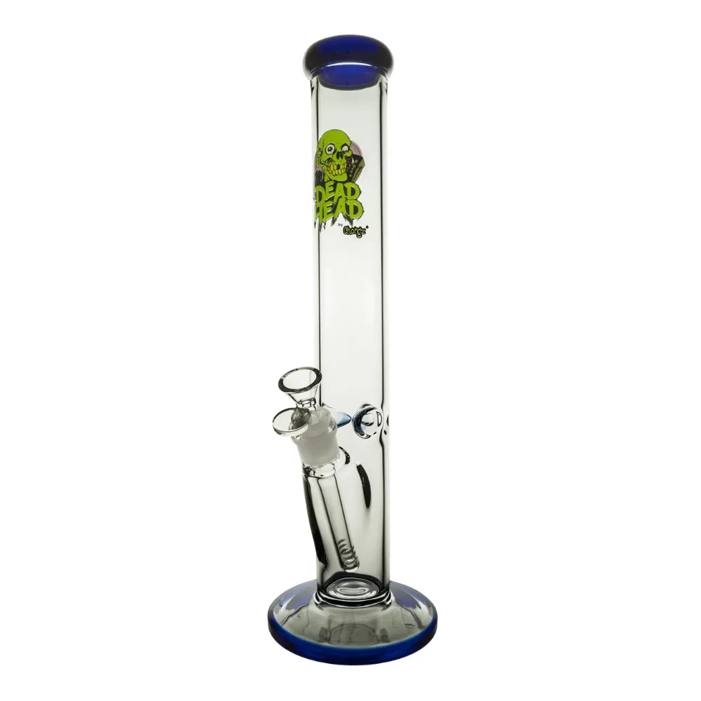 Glass bong with a blue base and top, featuring a green and black logo on a white background.