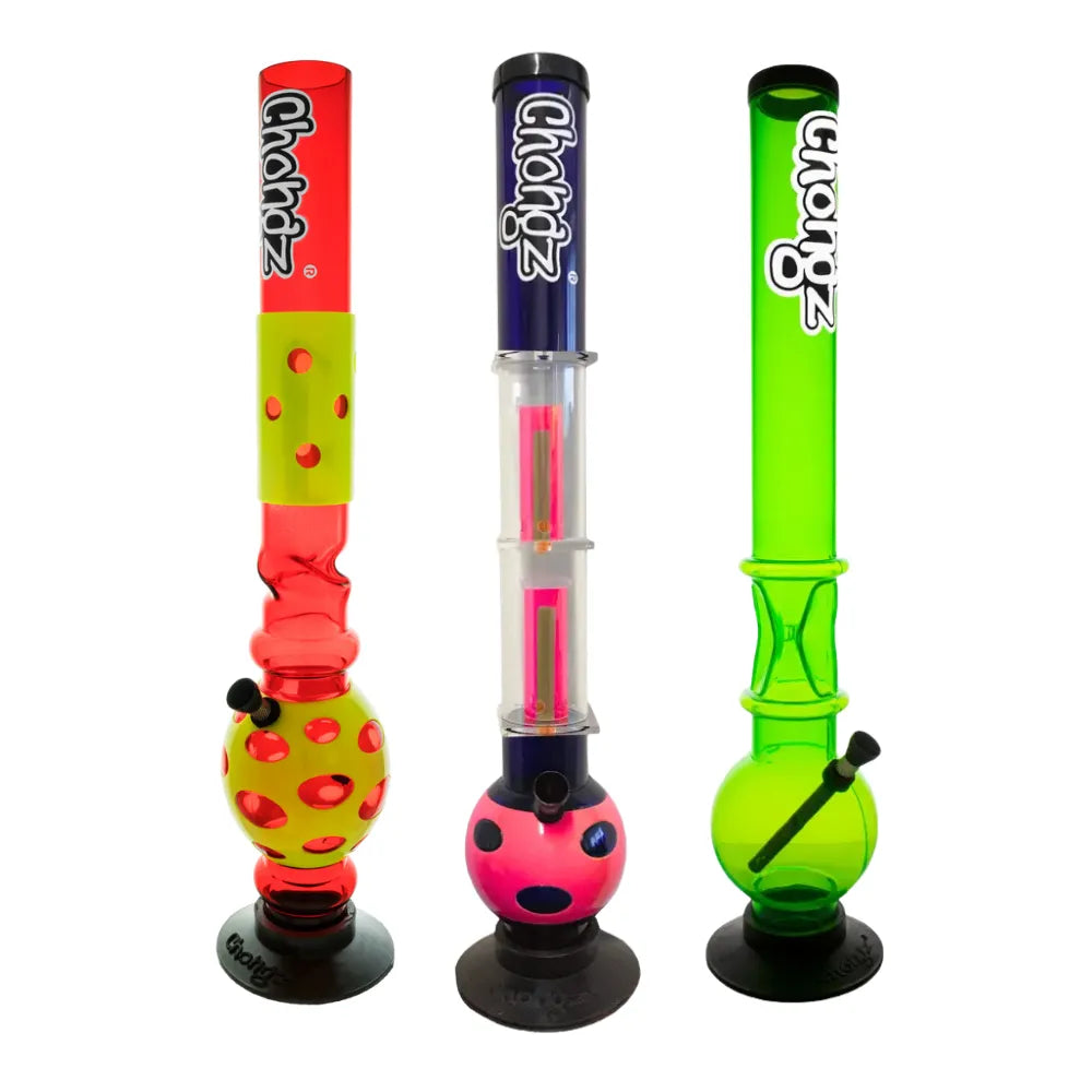 Three colourful Chongz 50cm acrylic waterpipes on a white background