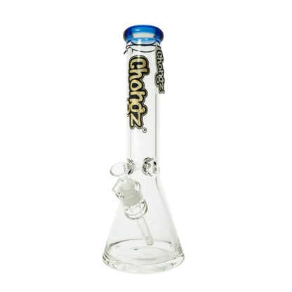 Chongz medium borosilicate glass waterpipe with beaker base and blue accents
