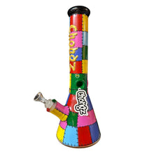 Colourful patch-design glass water pipe with 'Chongz' branding on a white background