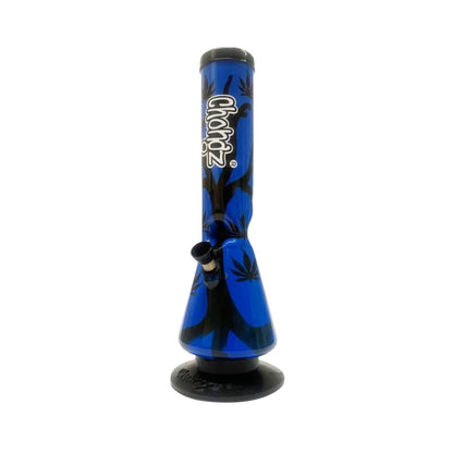 Blue glass water pipe with black leaf patterns on a white background