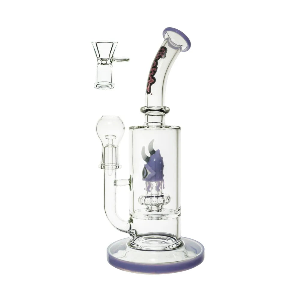 Chongz clear glass water pipe with purple accents on a white background