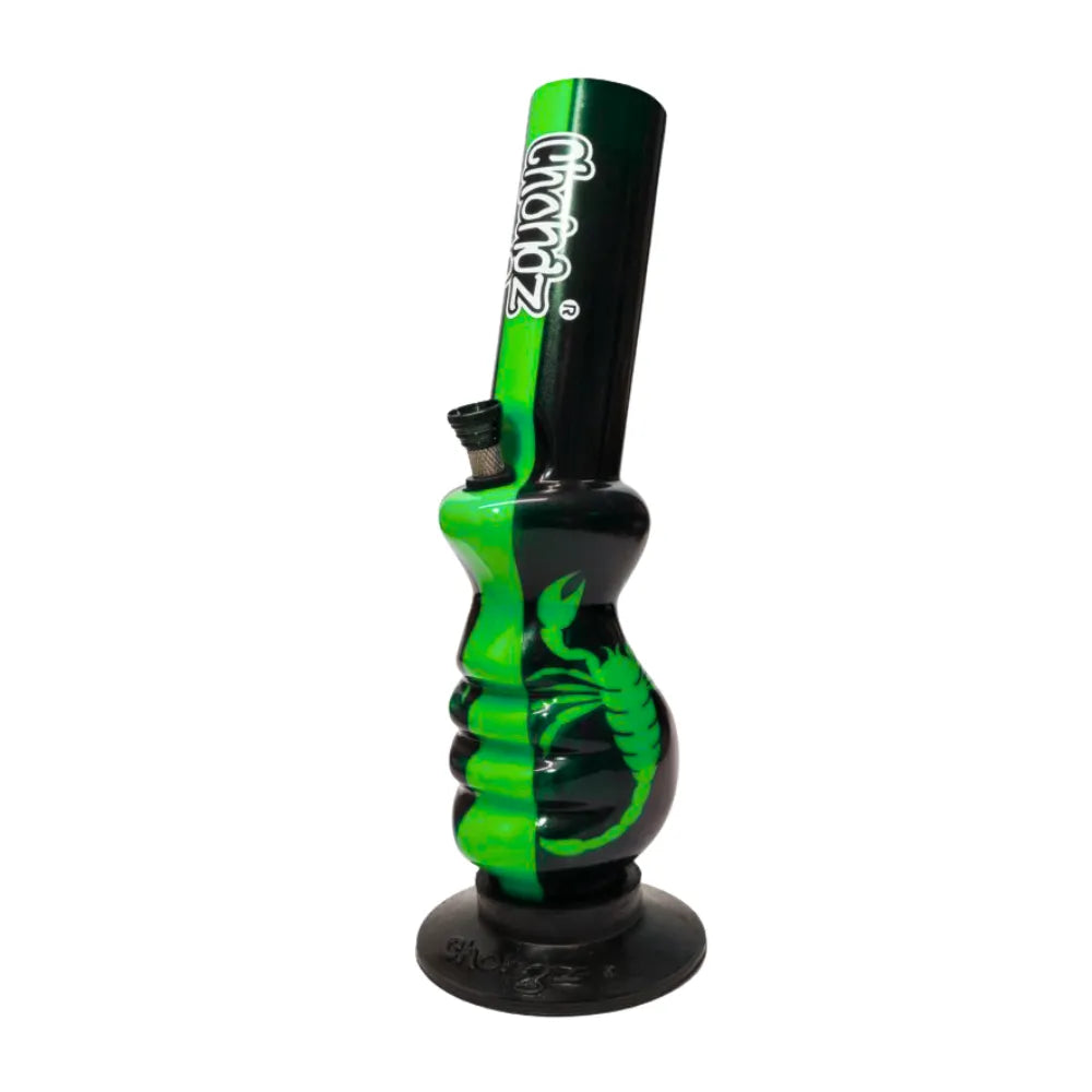 Chongz black and green water pipe with a scorpion design on a white background
