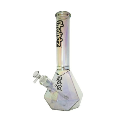 Glass bong with geometric design and 'Chongz' branding on a white background