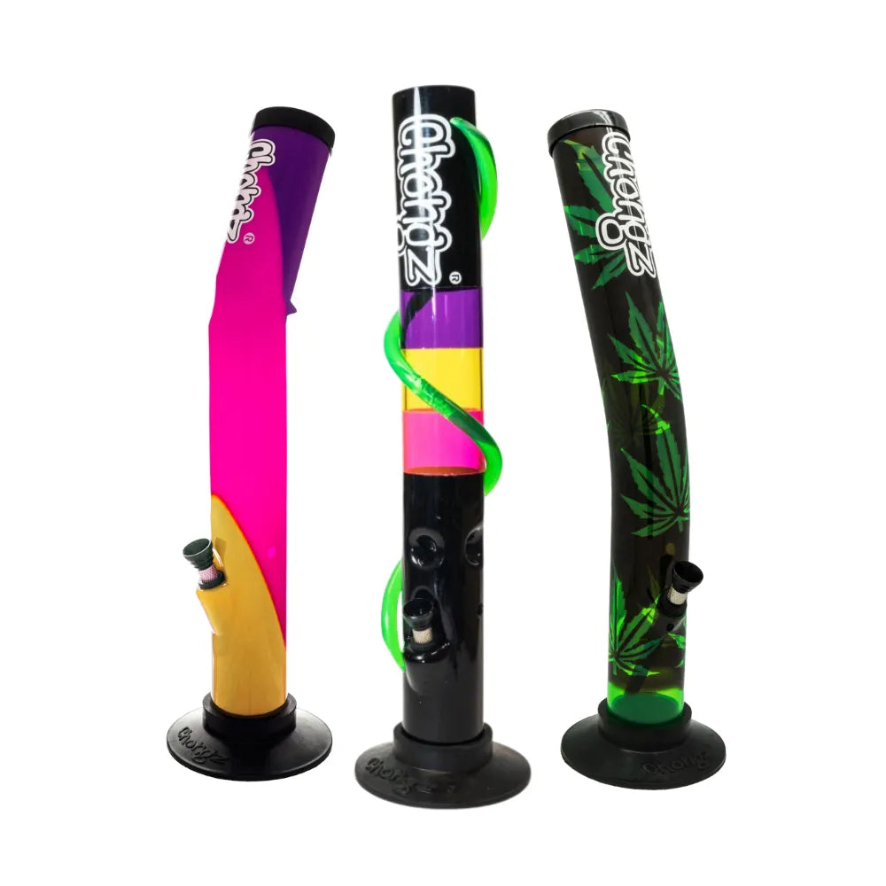 Three colourful bongs with 'Chongz' branding on a white background