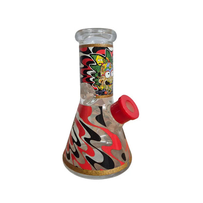 Colorful glass bong with a red accent on a white background