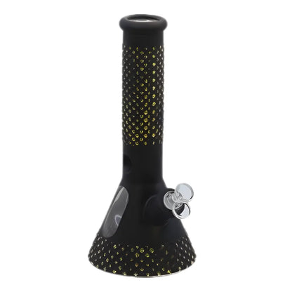 Black and gold beaker-style bong on a white background