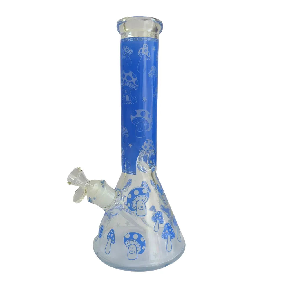 Glass smoking device with blue mushroom designs on a white background