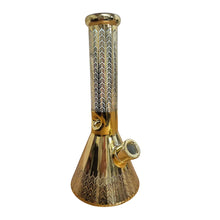 Gold and silver patterned smoking bong on a white background