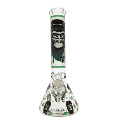 Glass smoking device with a gorilla design on a white background