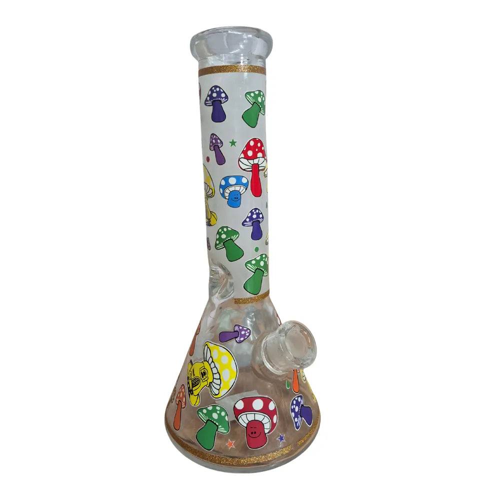 Glass smoking bong with colorful mushroom designs on a white background