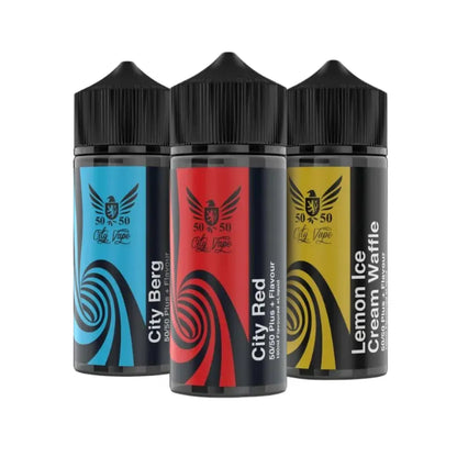 Three vape juice bottles with different flavours on a white background