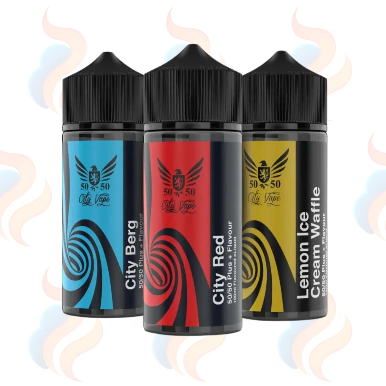 Three City Vape 100ml Shortfill E-liquids on a white background with UK Vape Supply Logo