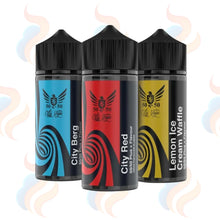 Three City Vape 100ml Shortfill E-liquids on a white background with UK Vape Supply Logo