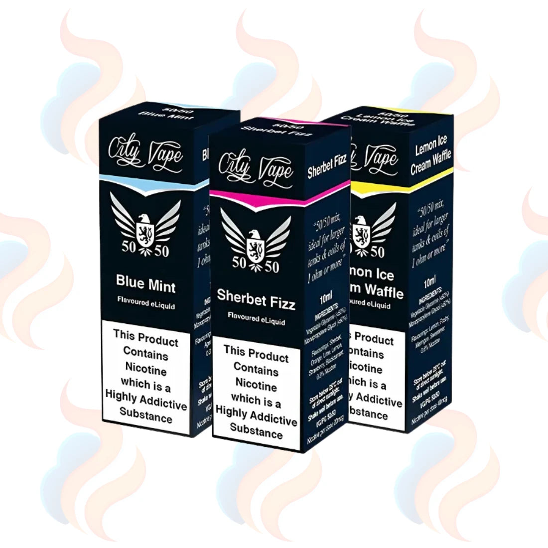 Three City Vape 50/50 E-liquids on a white background with UK Vape Supply Logo
