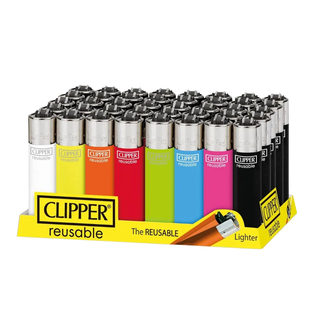 Colourful Clipper refillable lighters in a pack of 40 with a white background