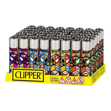 Box of Clipper lighters with various designs on a white background