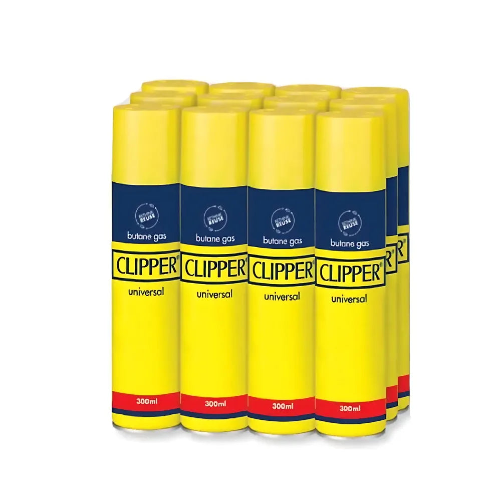 12 pack of yellow Clipper butane refill gas canisters on a white background