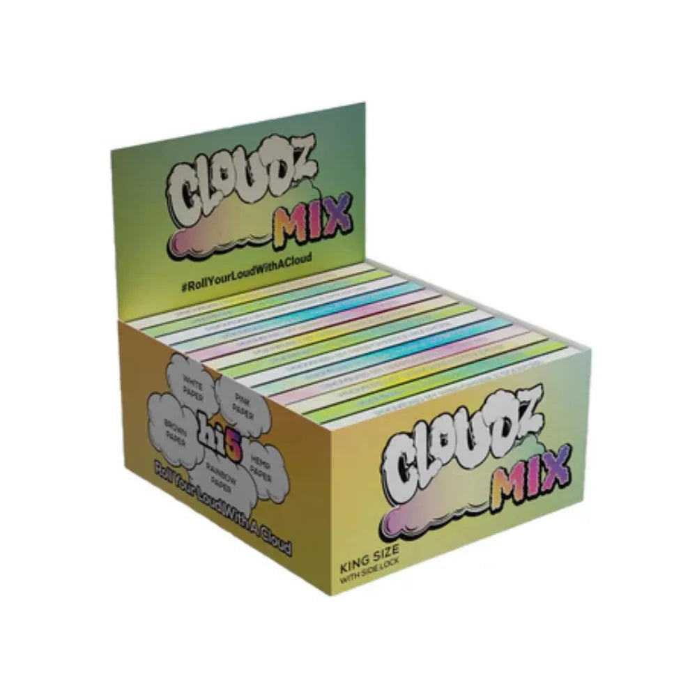Box of 26 Cloudz Mix rolling papers with colourful packaging on a white background