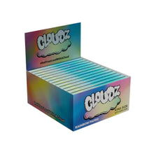 Box of 26 Cloudz Rainbow rolling papers with colourful packaging on a white background