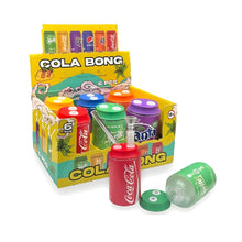 A retail display box and individual samples of colorful plastic soda-straw bottles inspired by Cola, Fanta, Sprite, and Pepsi, with the words COLA BONG on the packaging, photographed on a white background.