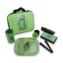 Green themed rolling tray set with 'Pickle Rick' design on a white background