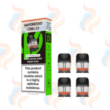 Four Vaporesso Corex 2.0 Version pod vape cartridges beside packaging 
