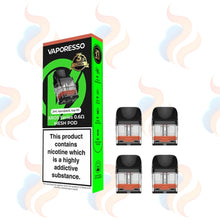 Four Vaporesso Corex 3.0 Version pod vape cartridges beside packaging 