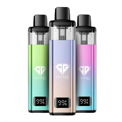 Three colourful Crystal Galaxy vape kits on a white background