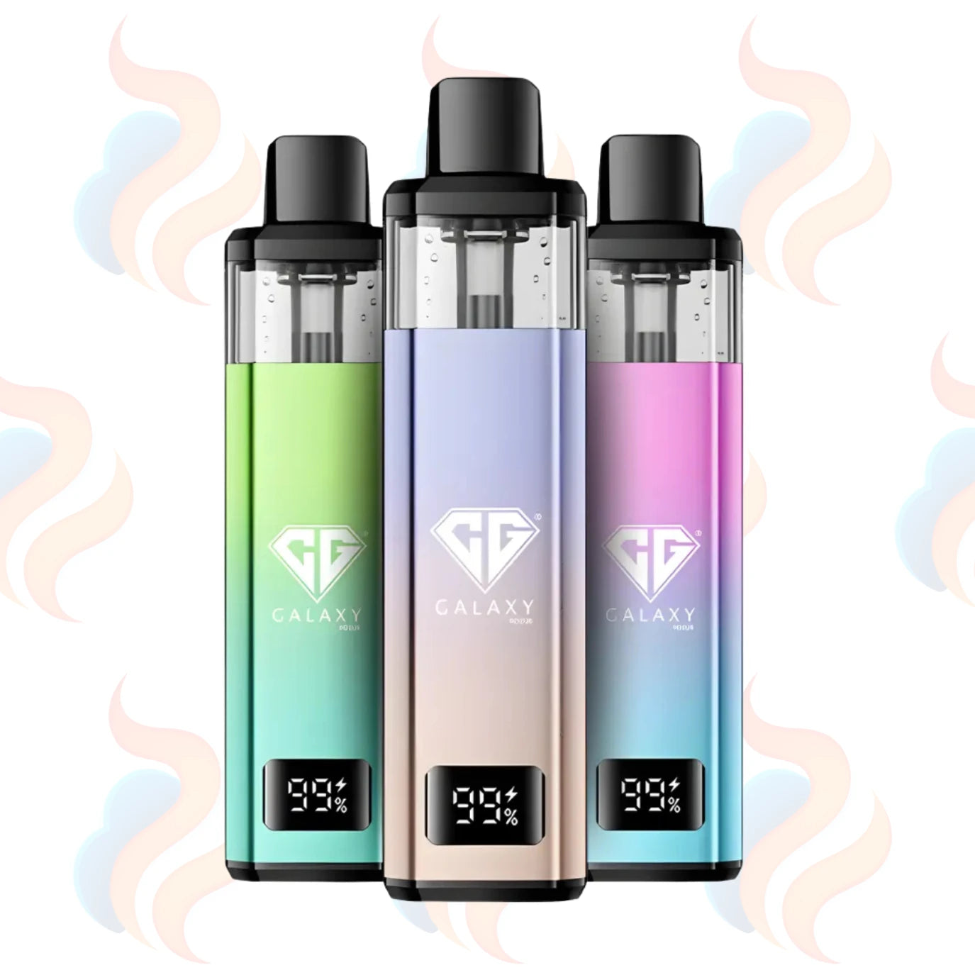 Three colourful Crystal Galaxy vape kits on a logo printed background