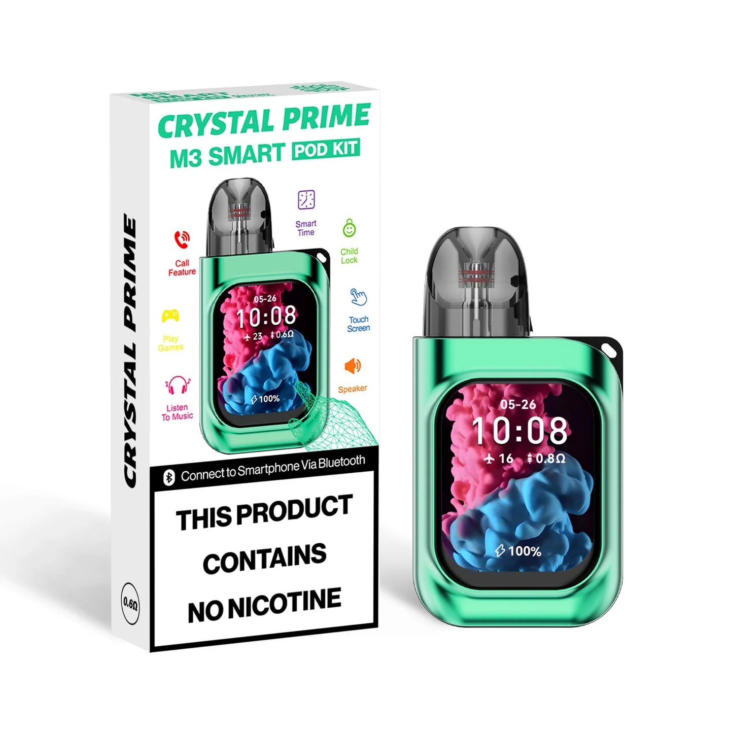 Green Crystal Prime M3 Smart Pod Kit with packaging on a white background