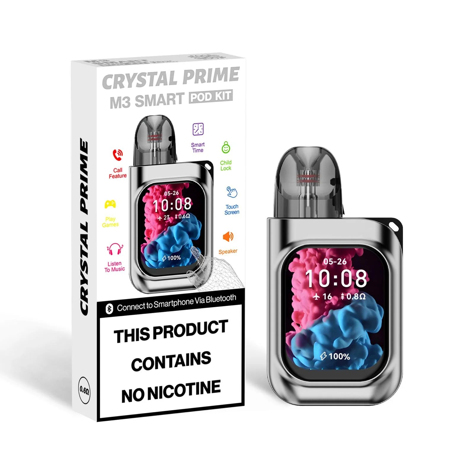 Silver Crystal Prime M3 Smart Pod Kit with packaging on a white background