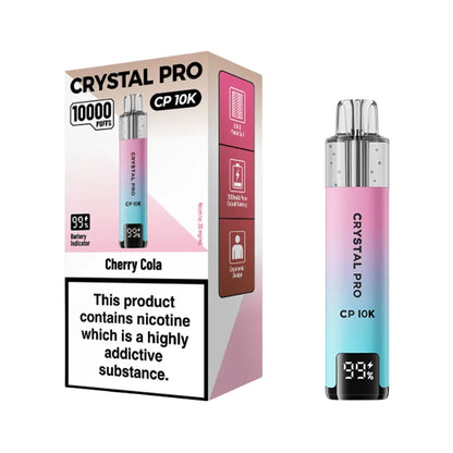 Crystal Pro CP 10K vape device and packaging with cherry cola flavor on a white background.