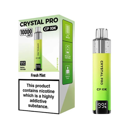 Crystal Pro CP 10K vape device packaging with nicotine warning label on a white background