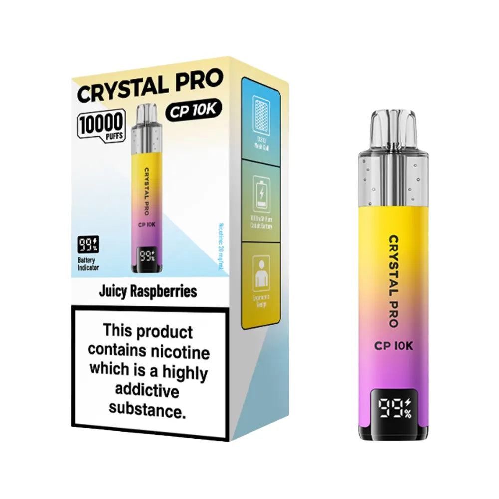 Crystal Pro CP 10K vape device packaging with nicotine warning label on a white background