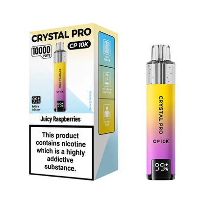 Crystal Pro CP 10K vape device packaging with nicotine warning label on a white background