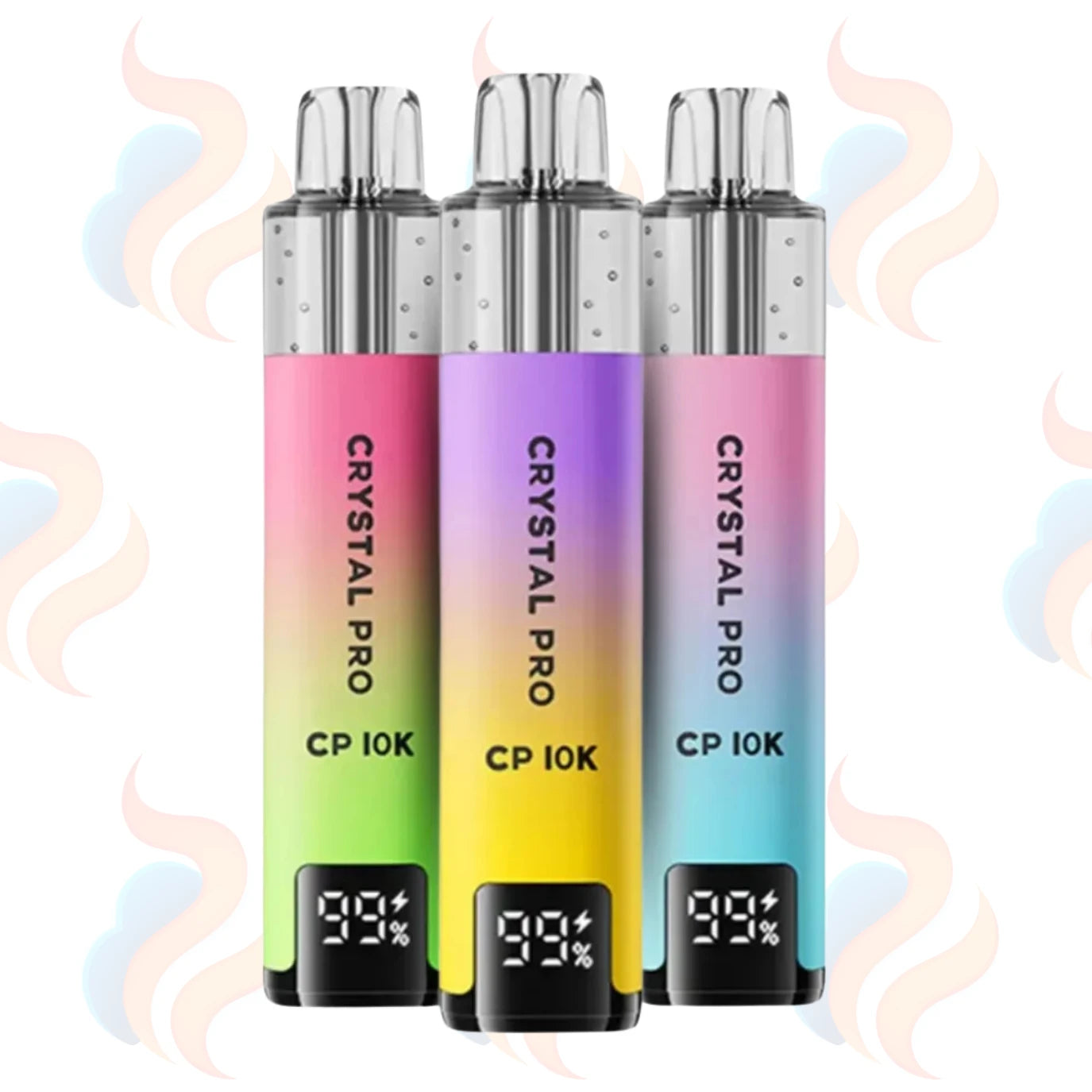 Three 'Crystal Pro CP 10K' vape devices on a logo printed background.