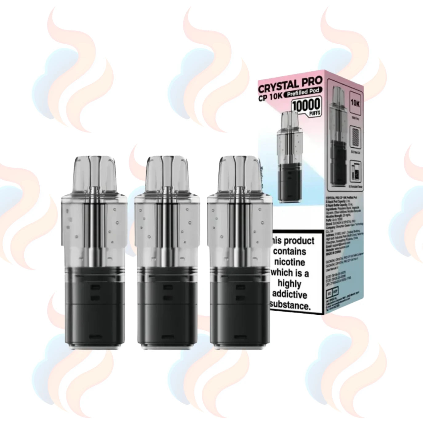 Three Crystal Pro CP10K refills on a white background with UK Vape Supply Logo