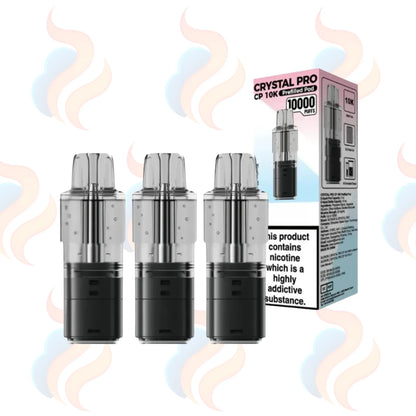 Three Crystal Pro CP10K refills on a white background with UK Vape Supply Logo