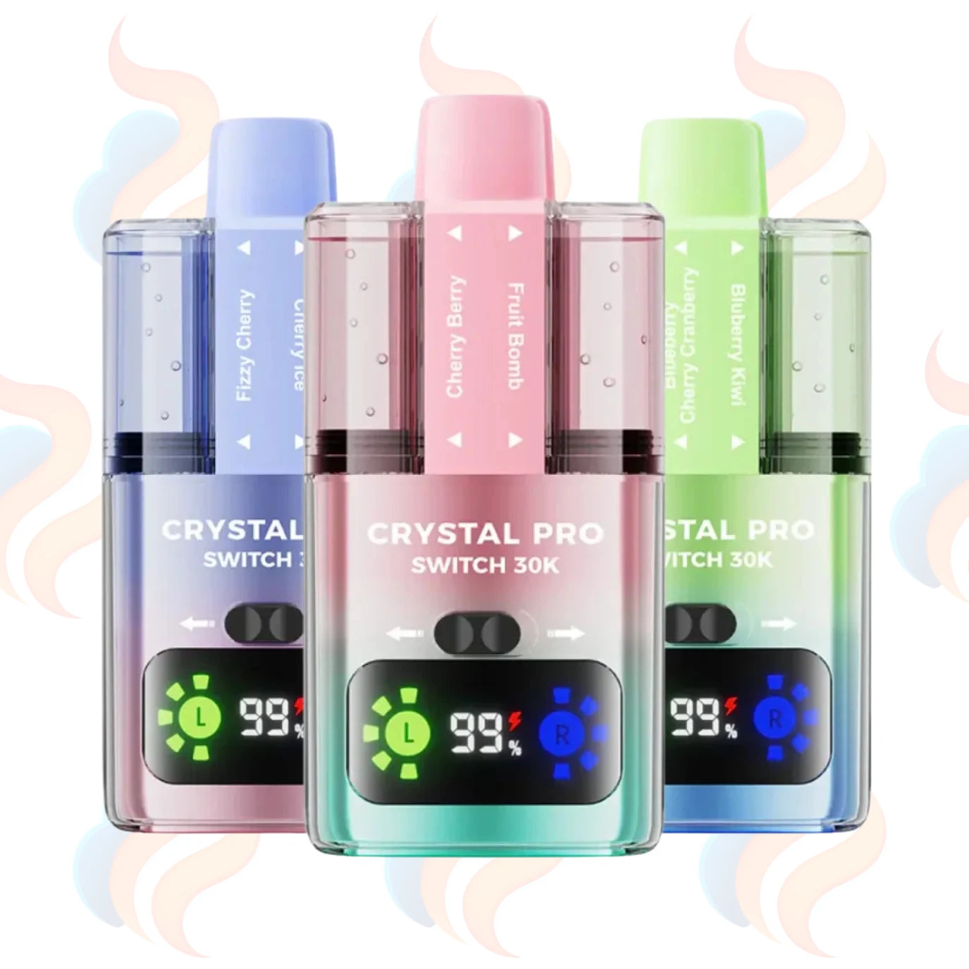 Three Crystal Pro Switch 30K vape devices on a logo printed background.
