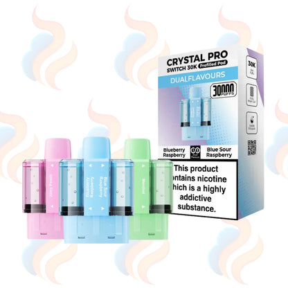 Three Crystal Pro Switch 30K refills on a white background with UK Vape Supply Logo